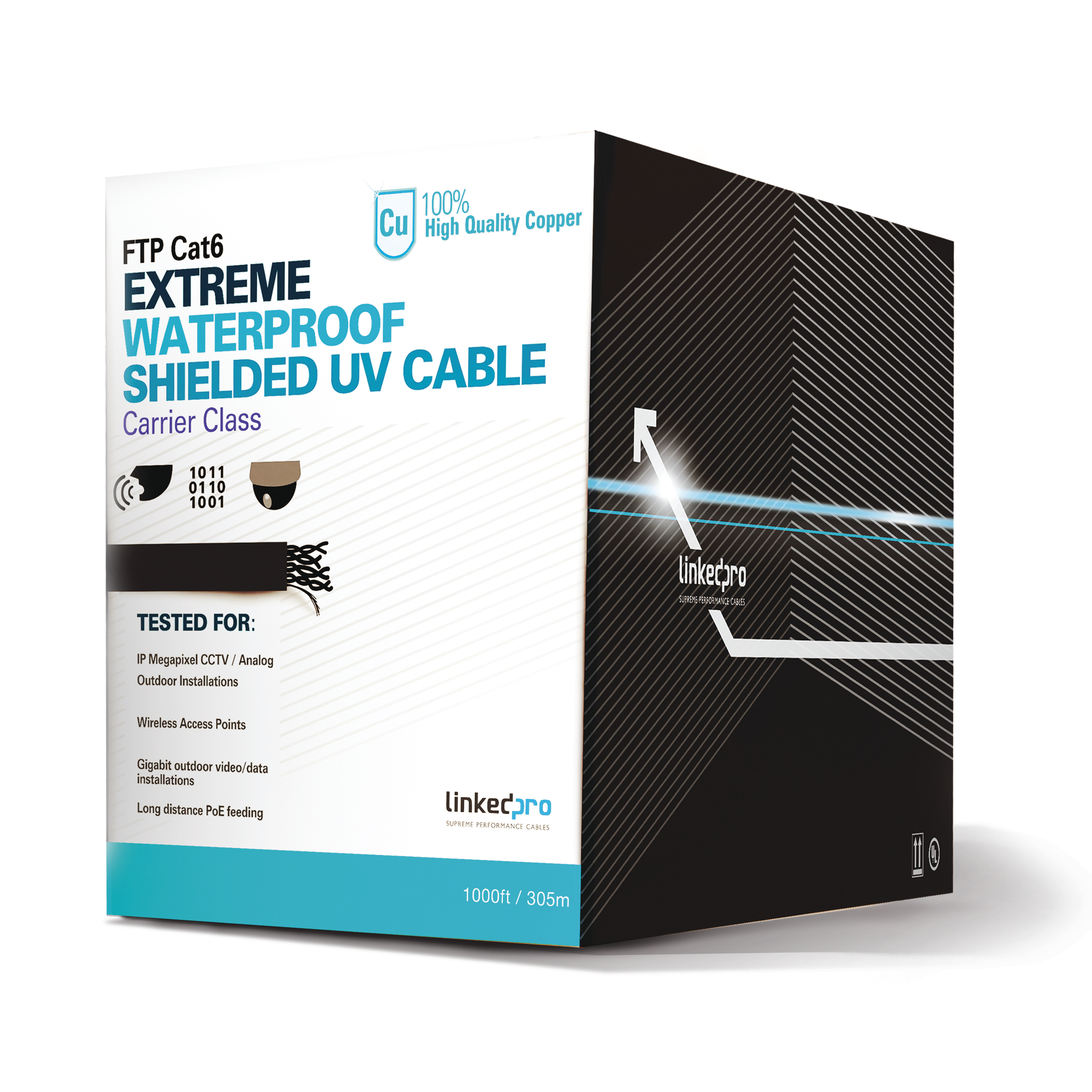 Bobina de cable de 305 Metros Cat6+ CALIBRE 23 Exterior Blindado tipo FTP para CLIMAS EXTREMOS, UL, color Negro, Bobina de cable de 305 Metros Cat6+ CALIBRE 23 Exterior Blindado tipo FTP para CLIMAS EXTREMOS, UL, color Negro,
